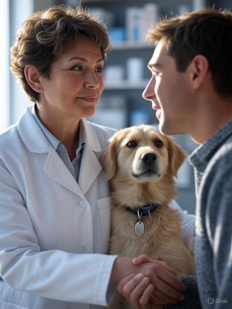 Veterinario explicando vacunas a dueño de mascota